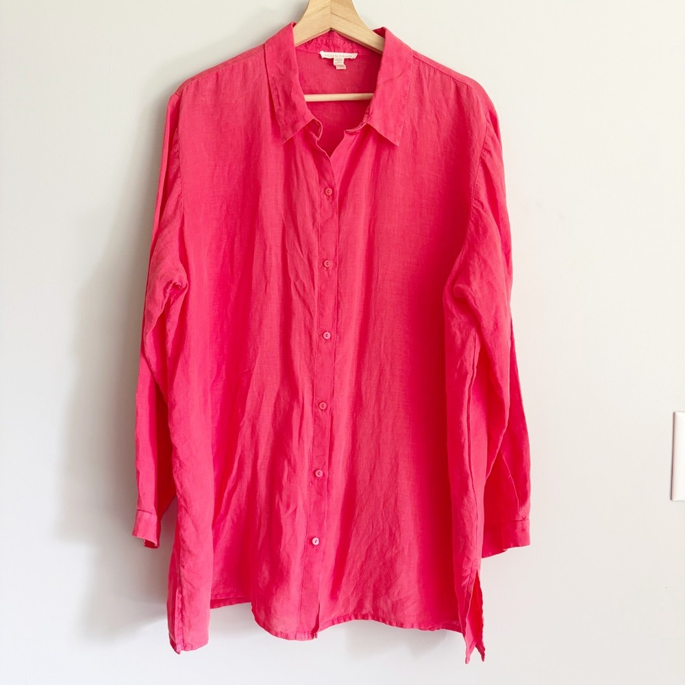 Eileen Fisher Shirt Sz 1X Organic Linen Button Front Tunic Coral Pink Button Up